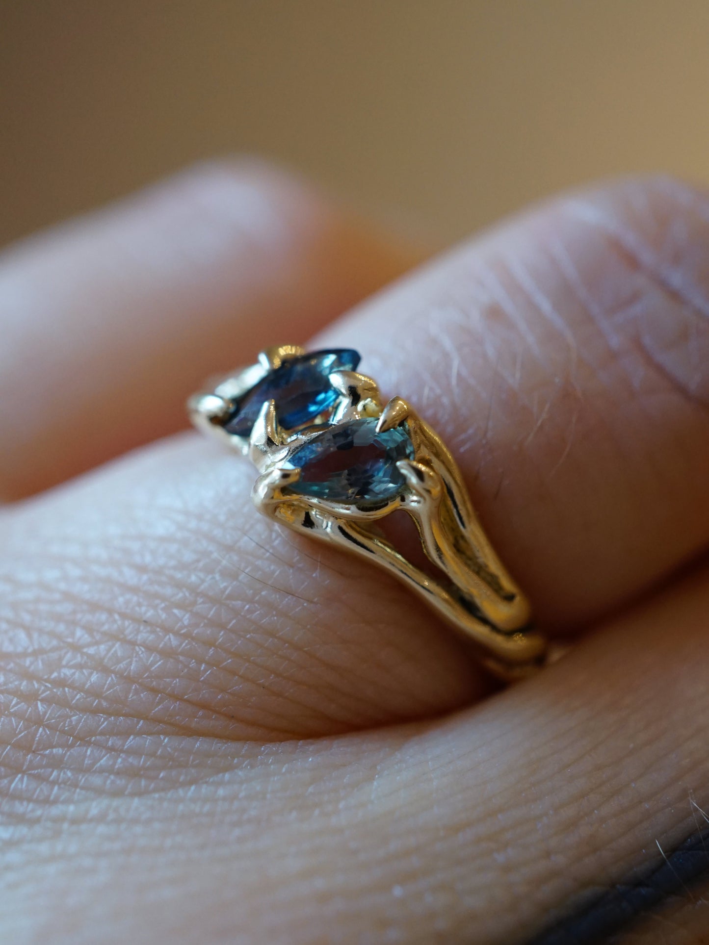 10ct yellow gold OOAK ring with green sapphires