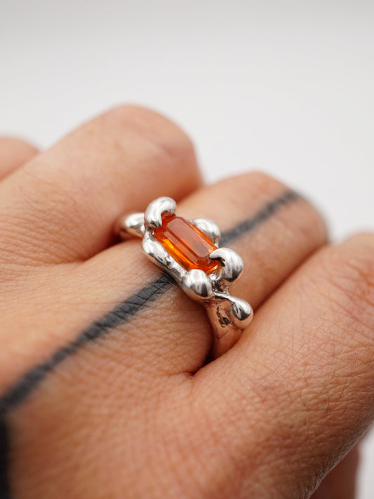 sterling silver OOAK ring with rectangle fire opal from Mexico