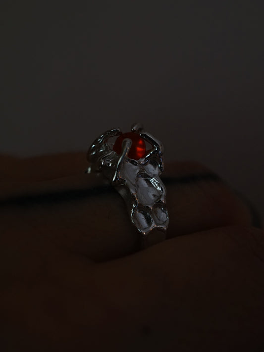 sterling silver OOAK CROQUÉE ring with fire opal sphere