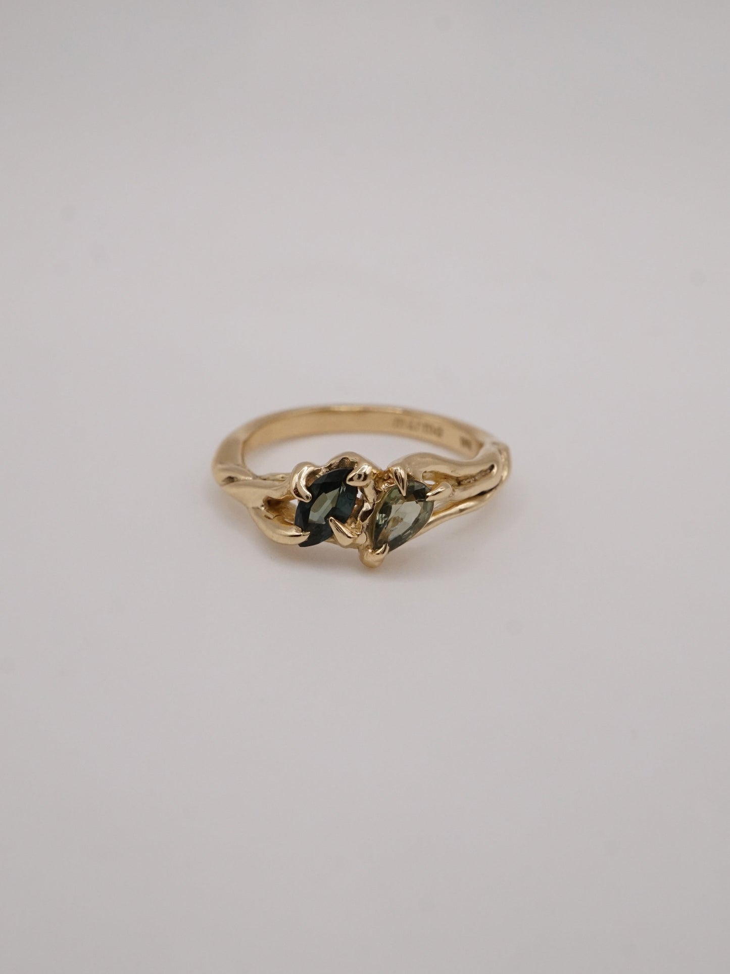 10ct yellow gold OOAK ring with green sapphires