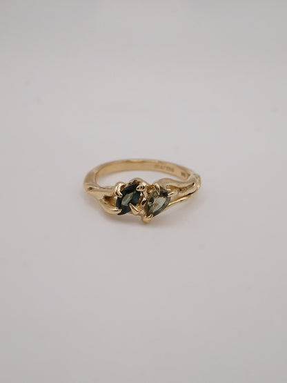 10ct yellow gold OOAK ring with green sapphires