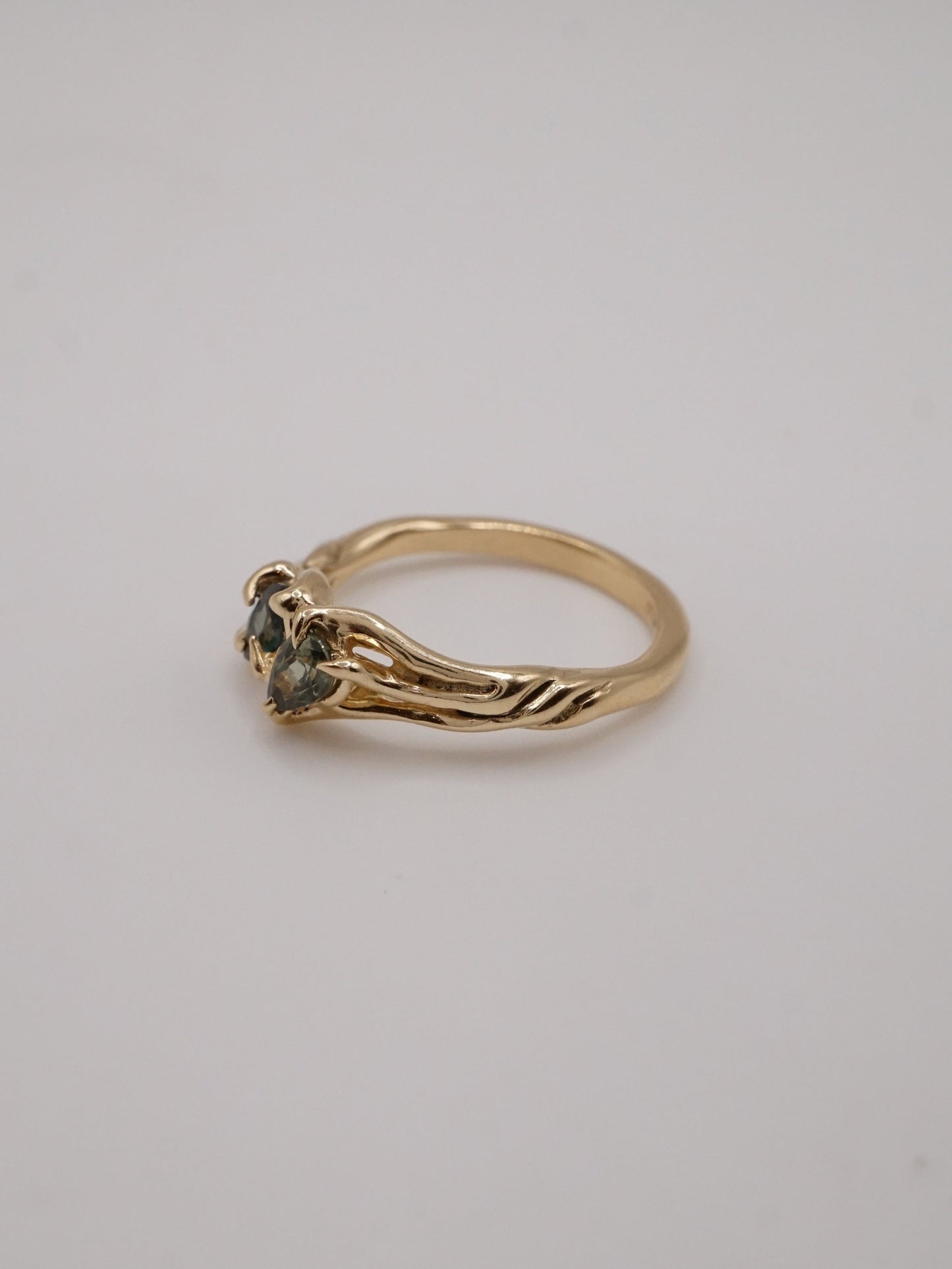 10ct yellow gold OOAK ring with green sapphires