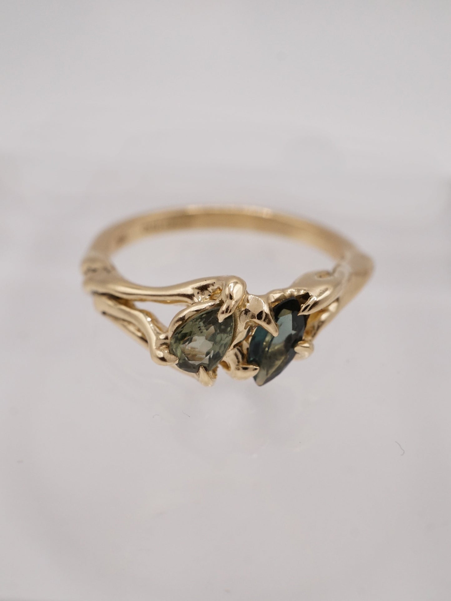 10ct yellow gold OOAK ring with green sapphires