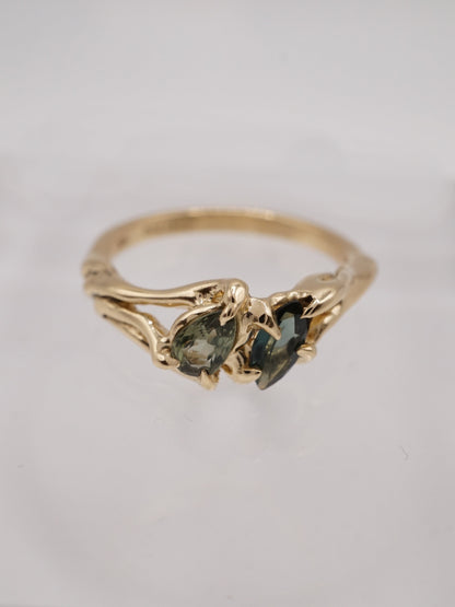10ct yellow gold OOAK ring with green sapphires