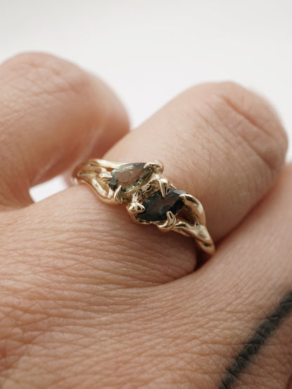 10ct yellow gold OOAK ring with green sapphires