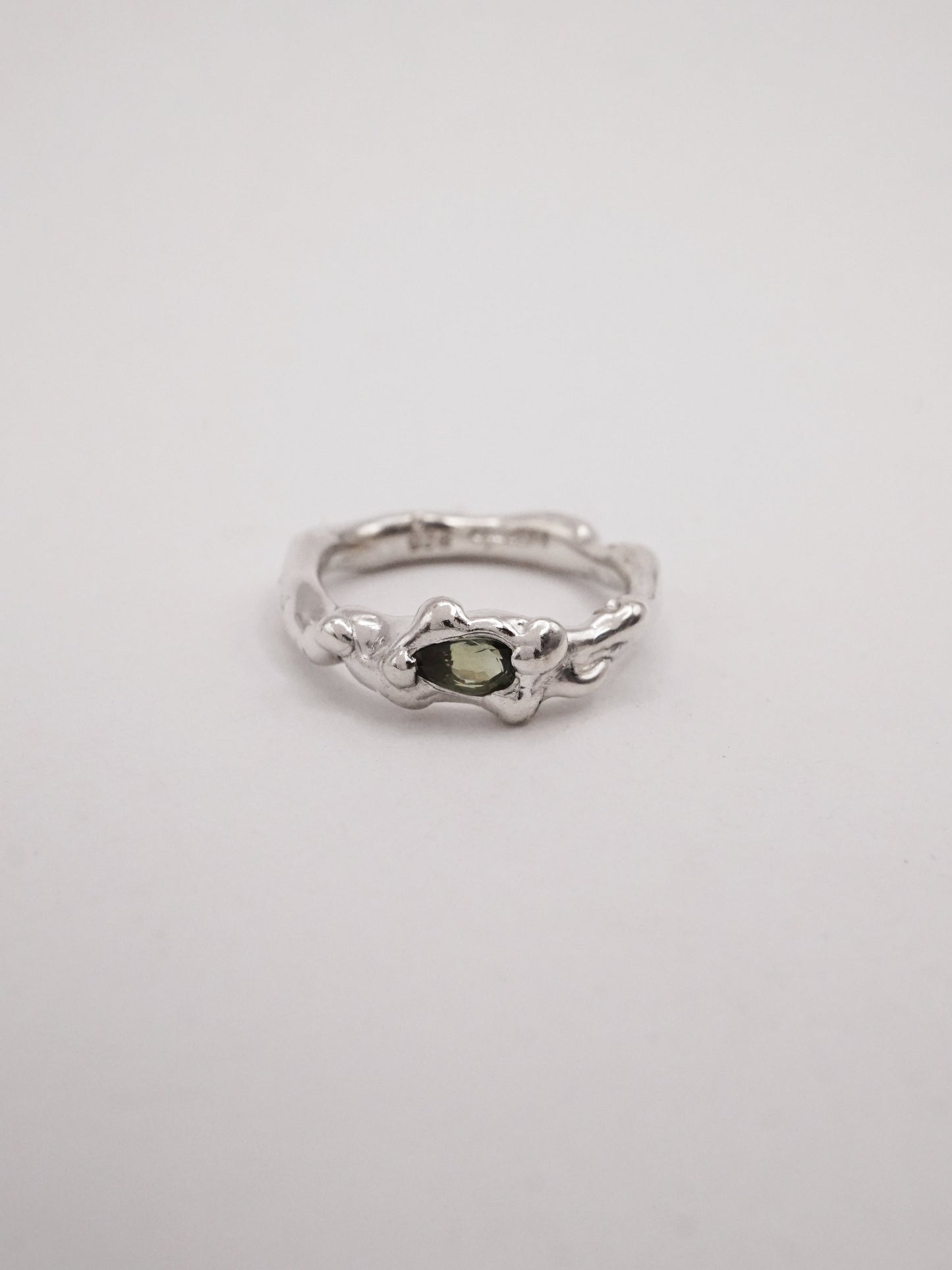 sterling silver OOAK ring with green pear shaped sapphire