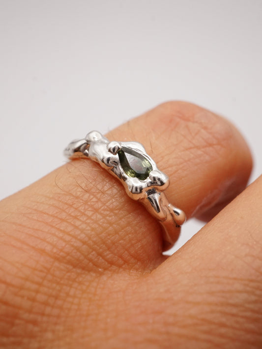 sterling silver OOAK ring with green pear shaped sapphire