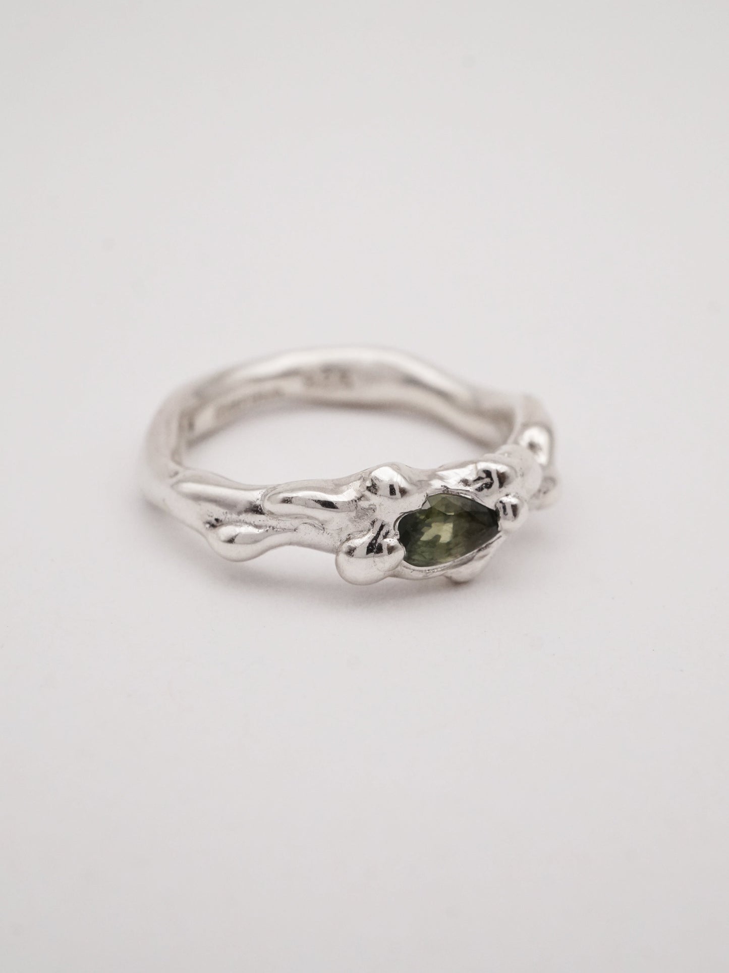 sterling silver OOAK ring with green pear shaped sapphire