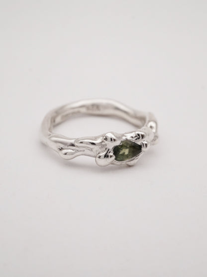 sterling silver OOAK ring with green pear shaped sapphire