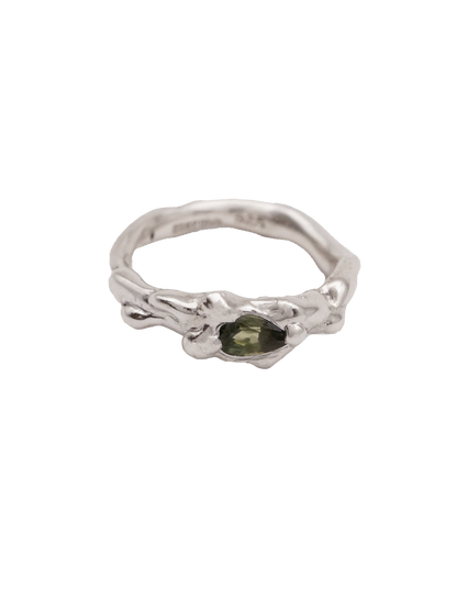 sterling silver OOAK ring with green pear shaped sapphire
