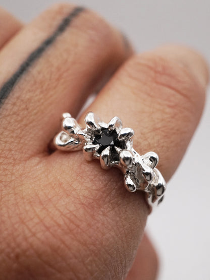 sterling silver OOAK ring with black sapphire