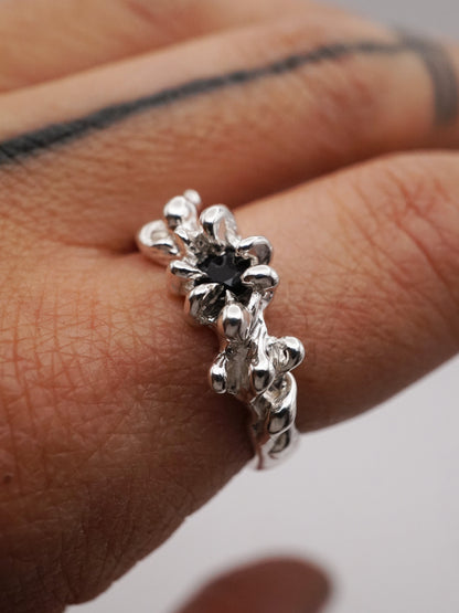 sterling silver OOAK ring with black sapphire